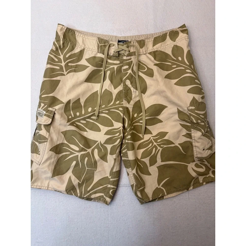 Hawaiian Performance Surfwear Mens 34 Board Shorts Tan Green Monstera Leaf Cargo